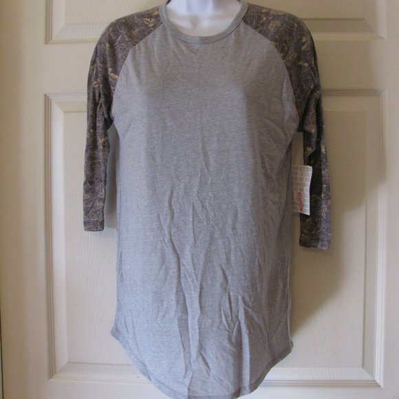 Top LuLaRoe Randy Femme – Gris à Fleurs Bleues, Manches 3/4, Taille XS, Neuf Avec étiquette